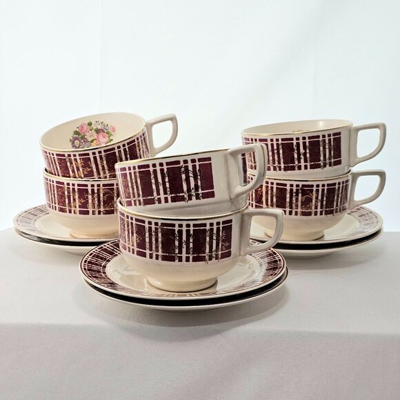 Homer Laughlin Piccadilly Cup & Saucer 2.25" set-6 red plaid gold floral 1942 - Picture 3 of 8